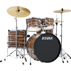 Tama 5-piece Poplar Drum Set with 22" Bass Drum, 10" and 12" Toms, 16" Floor Tom, 14" Snare, Throne, Pedal, Hardware, and Cymbals - Coffee Teak Wrap IE52CCTW